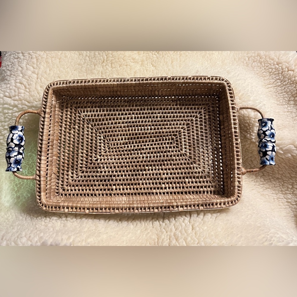 Woven Rectangular Hand-Woven Rattan Tray with Blue Handles